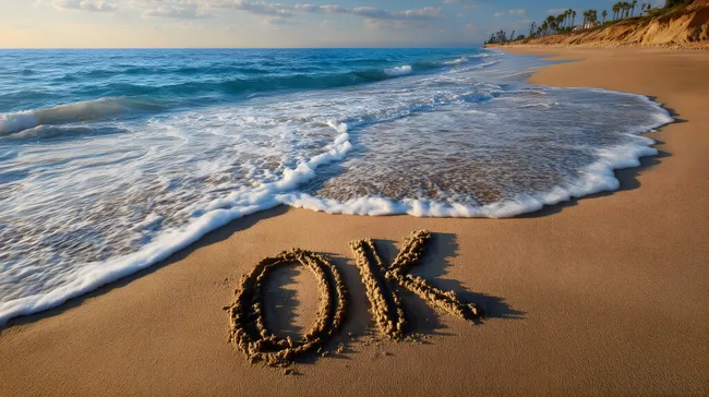 Sommerlicher Strandblick mit OK-Schriftzug im Sand