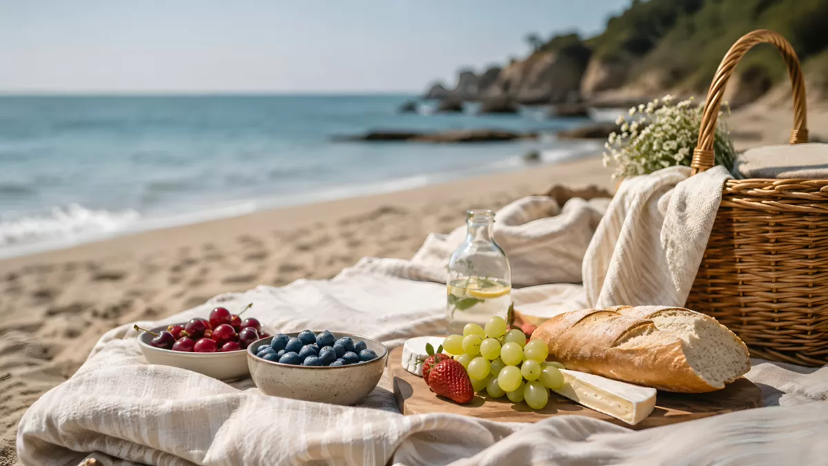 Sommerlicher Strandpicknick mit Früchten und Baguette