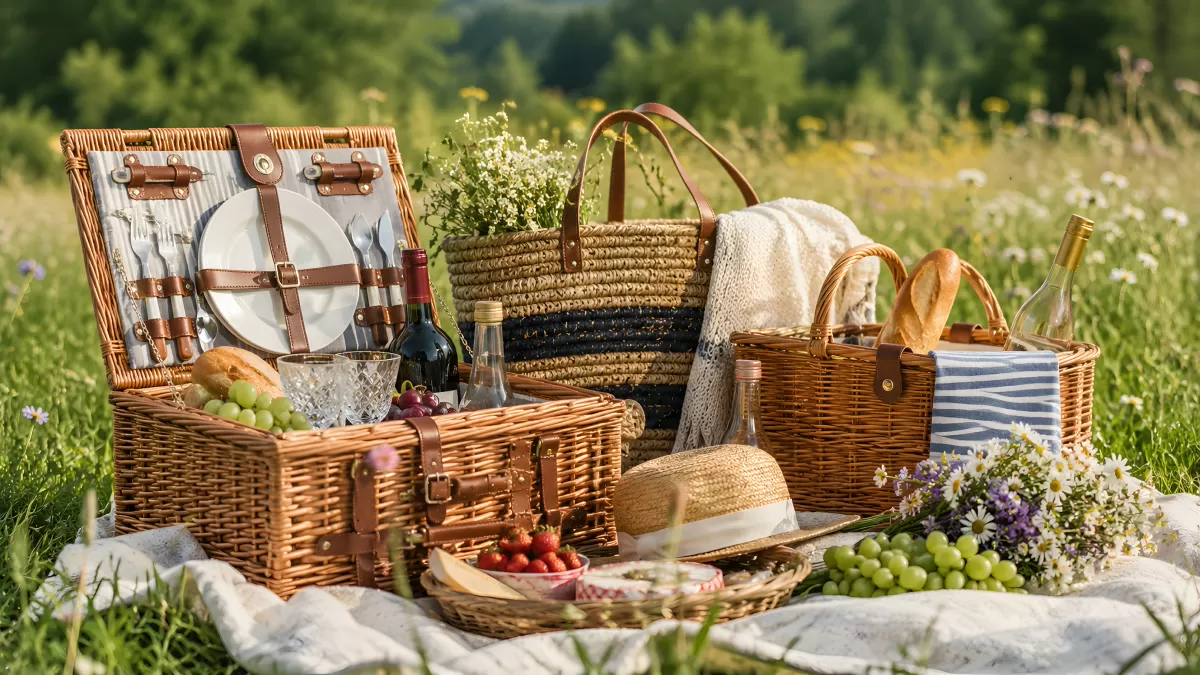 Sommerliches Picknick auf blühender Wiese mit Weidenkorb