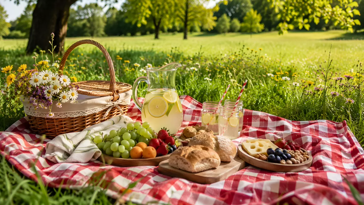 Sommerliches Picknick auf karierter Decke im Park