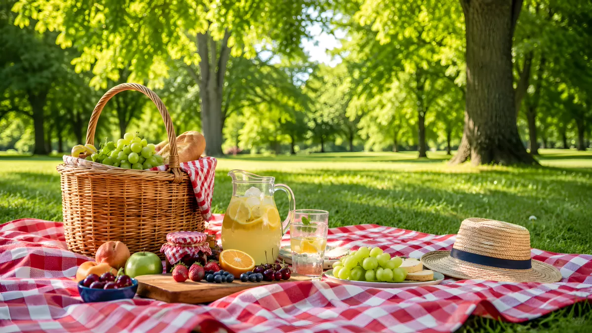 Sommerliches Picknick im Park mit Früchten und Limonade
