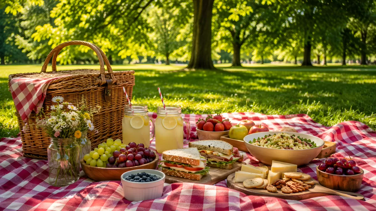Sommerliches Picknick im Park mit Früchten und Snacks