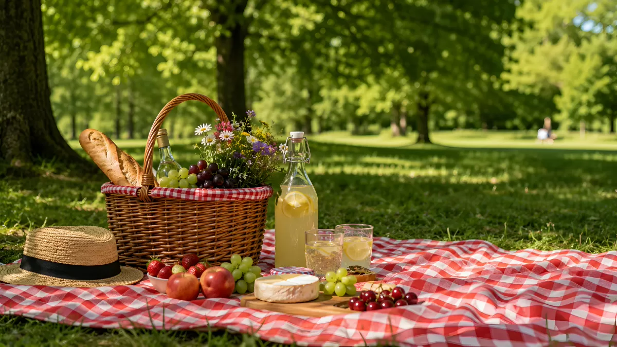 Sommerliches Picknick im Park mit Obstkorb