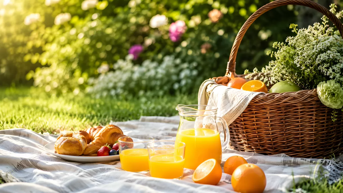 Sommerliches Picknick mit Croissants und Orangensaft