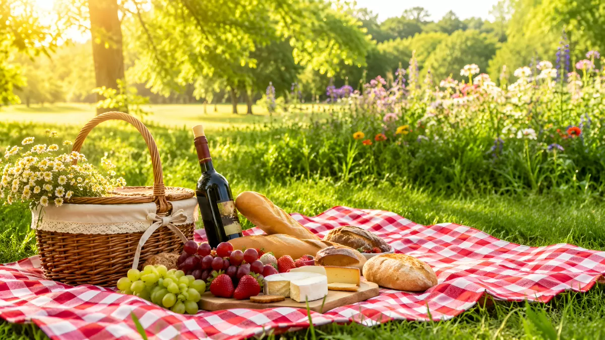 Sommerliches Picknick mit Wein, Käse und Früchten