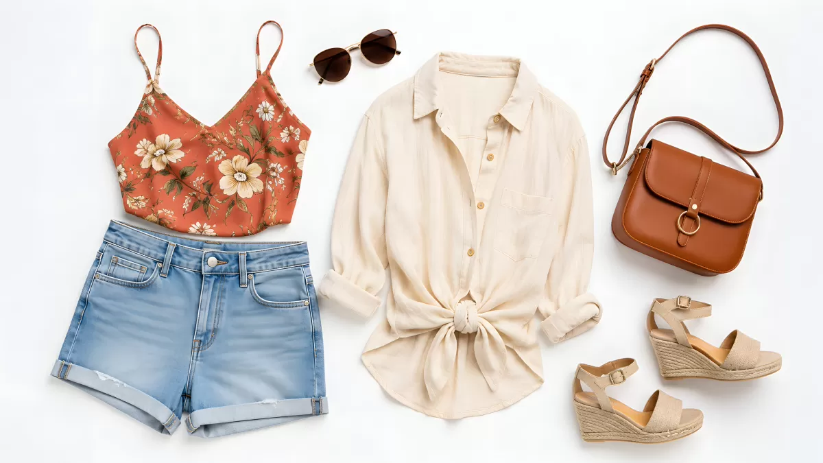 Sommeroutfit Flatlay mit Jeansshorts und Blumenoberteil