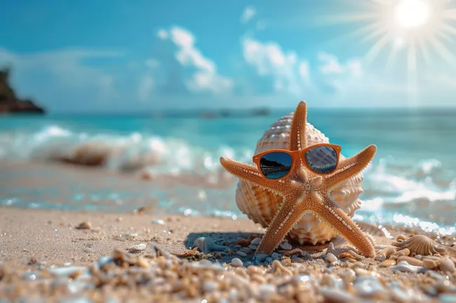 Sommerstimmung am tropischen Strand mit Seestern und Sonnenbrille