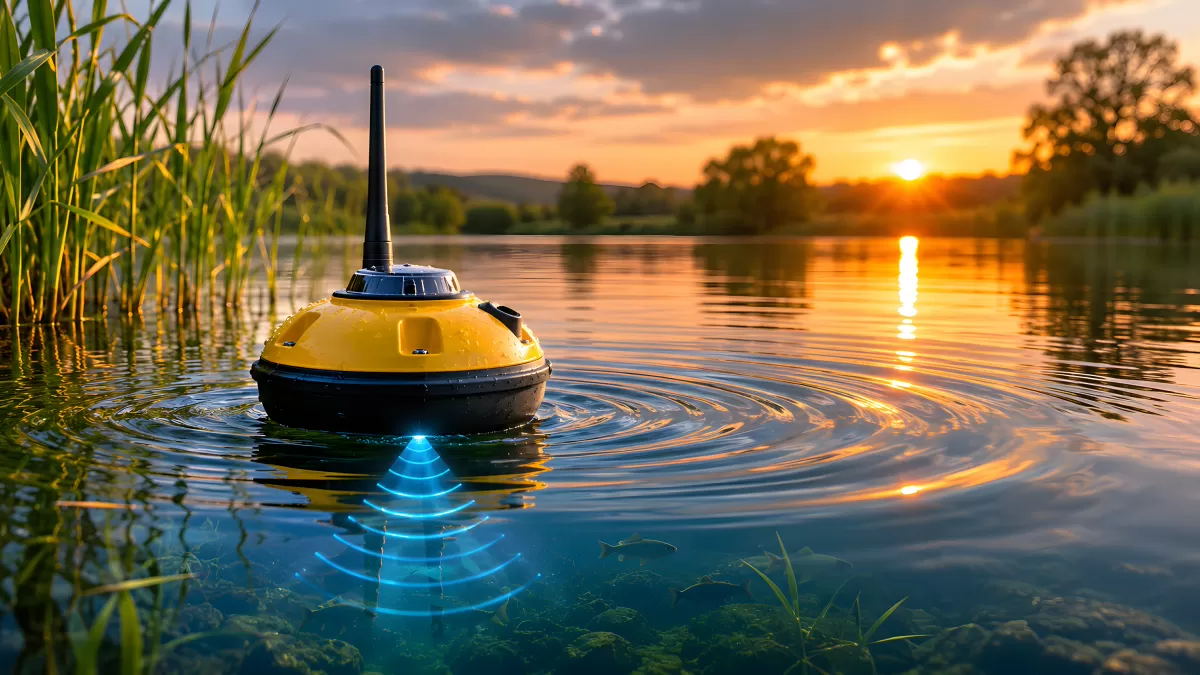 Sonarbojen auf ruhigem See bei Sonnenuntergang