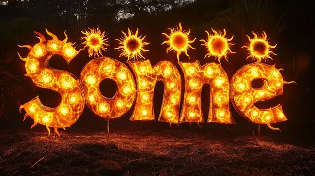 Sonne als leuchtende Buchstaben in Waldszene