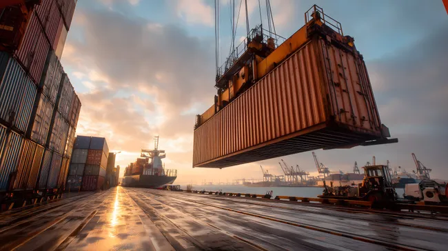 Sonnenaufgang am Containerhafen mit Frachtkran