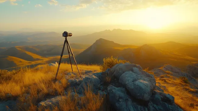 Sonnenaufgang in den Bergen mit Kamera-Stativ