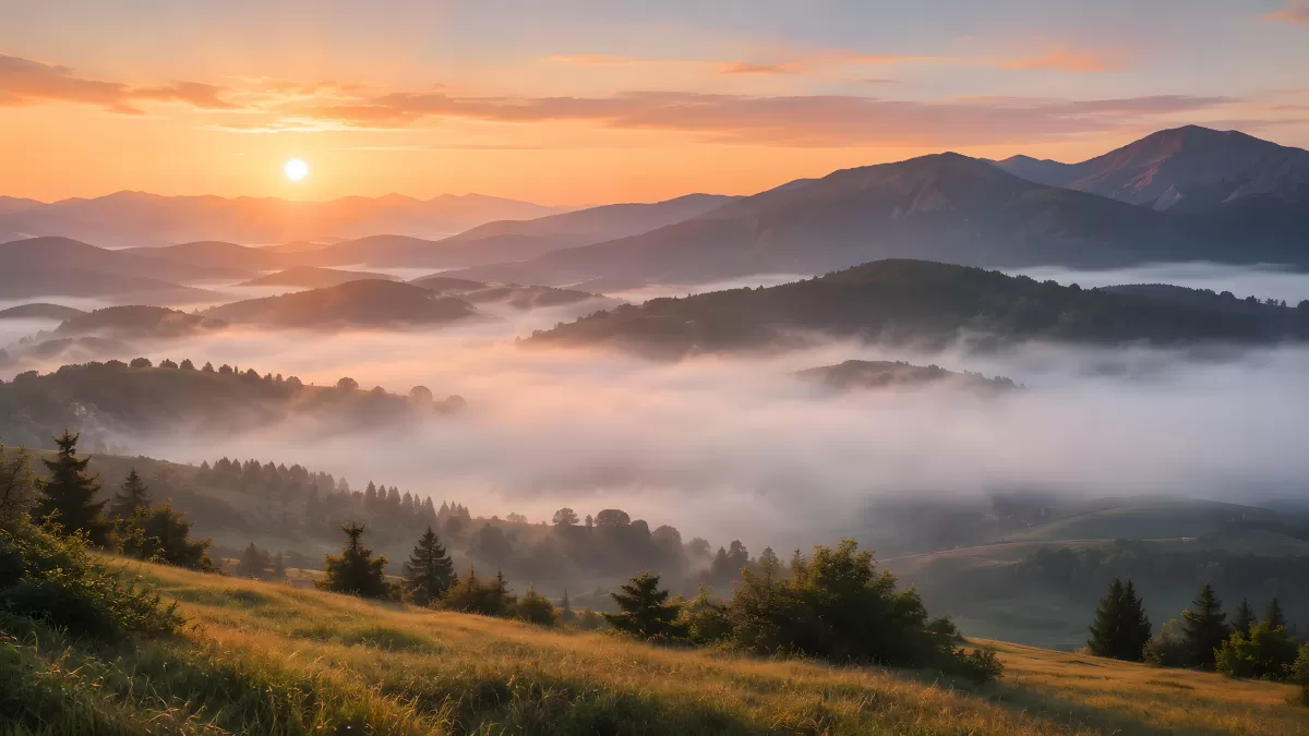 Sonnenaufgang über nebligen Bergtälern im Morgenrot