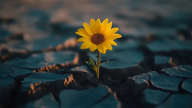 Sonnenblume im trockenen, rissigen Boden