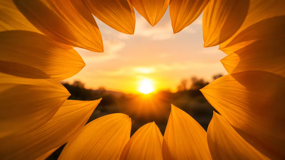 Sonnenblumenblüte rahmt goldenen Sonnenuntergang ein