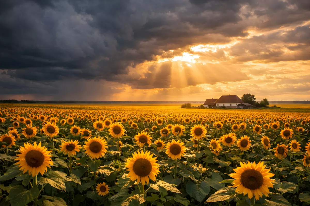 Sonnenblumenfeld bei dramatischem Sonnenuntergang