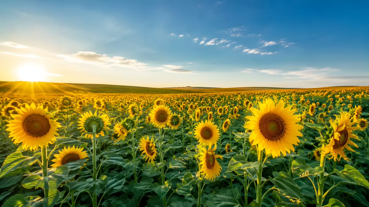 Sonnenblumenfeld im goldenen Abendlicht der Sommersonne — Bild kostenlos herunterladen