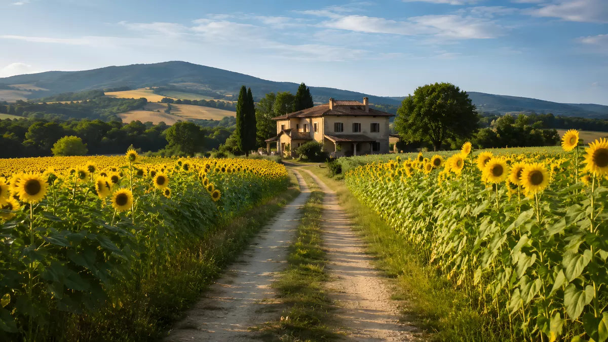 Sonnenblumenfeld mit Feldweg und Landhaus in der Toskana