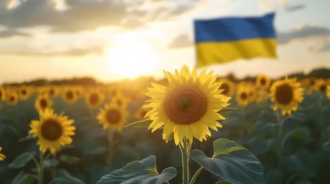 Sonnenblumenfeld mit ukrainischer Flagge im Hintergrund