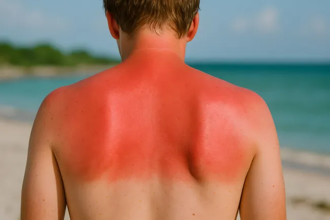 Sonnenbrand am Rücken am Strand