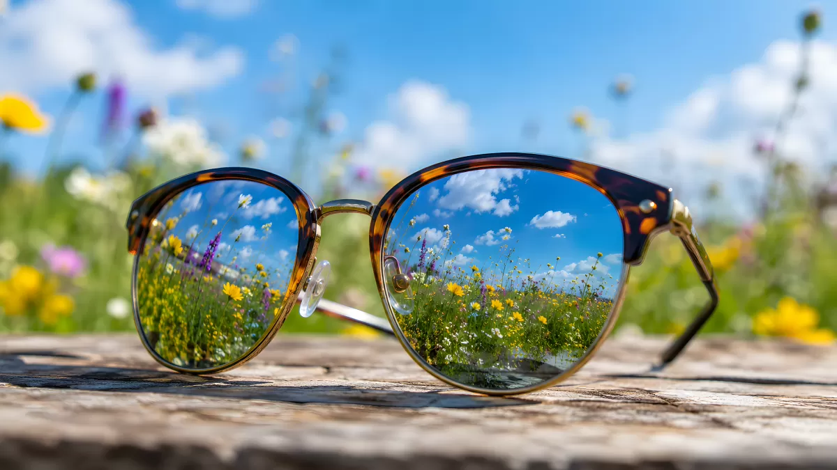 Sonnenbrille mit Blumenwiese und blauem Himmel
