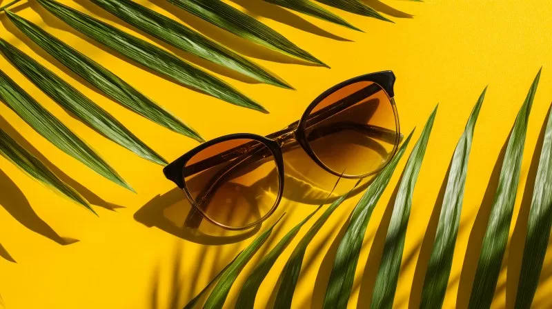Sonnenbrille mit Palmenblättern auf gelbem Hintergrund