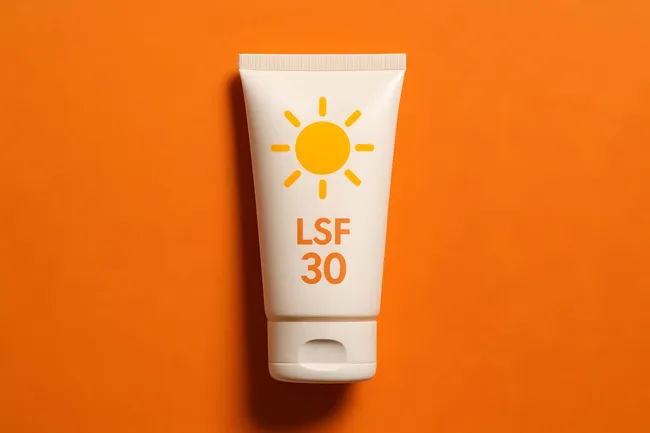 Sonnencreme LSF 30 in orangem Hintergrund