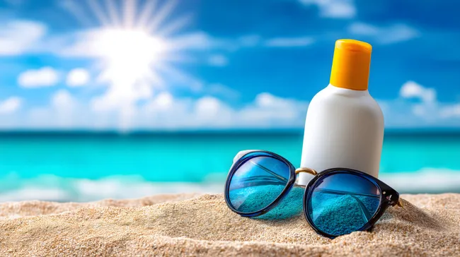 Sonnencreme und Sonnenbrille am Strand bei Sonnenschein