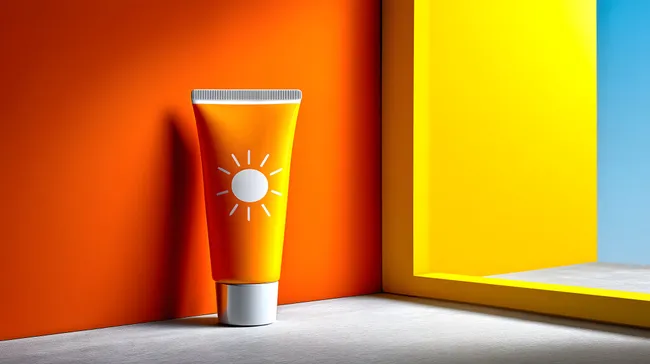 Sonnencremetube mit Sonnensymbol auf orangem Hintergrund