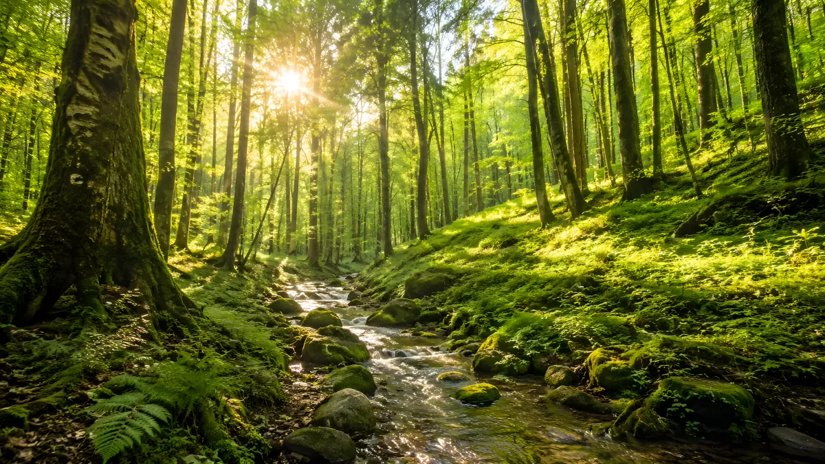 Sonnendurchfluteter Waldbach mit moosbedeckten Steinen