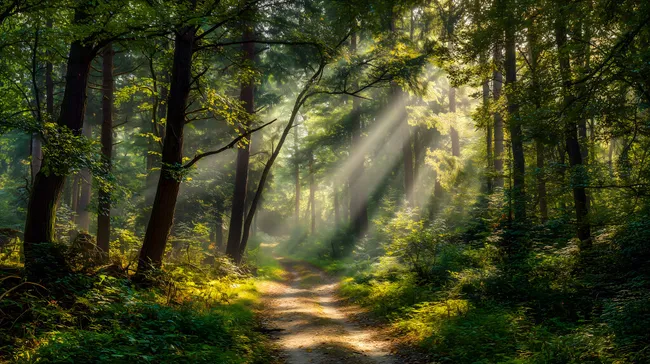 Sonnendurchfluteter Waldweg im Morgenlicht