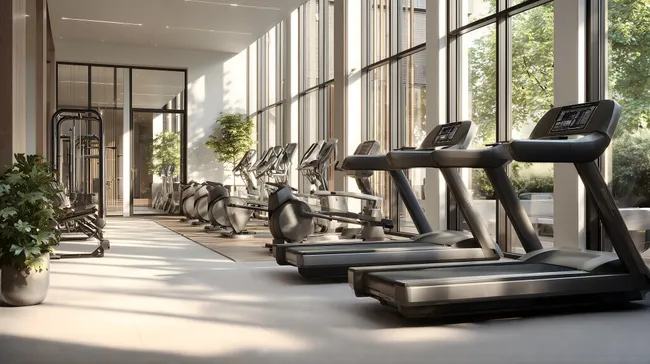 Sonnendurchflutetes Fitnessstudio mit Cardiogeräten