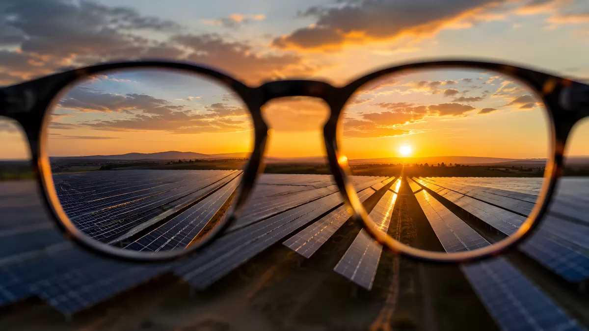Sonnenergie-Farm bei Sonnenuntergang durch Brille