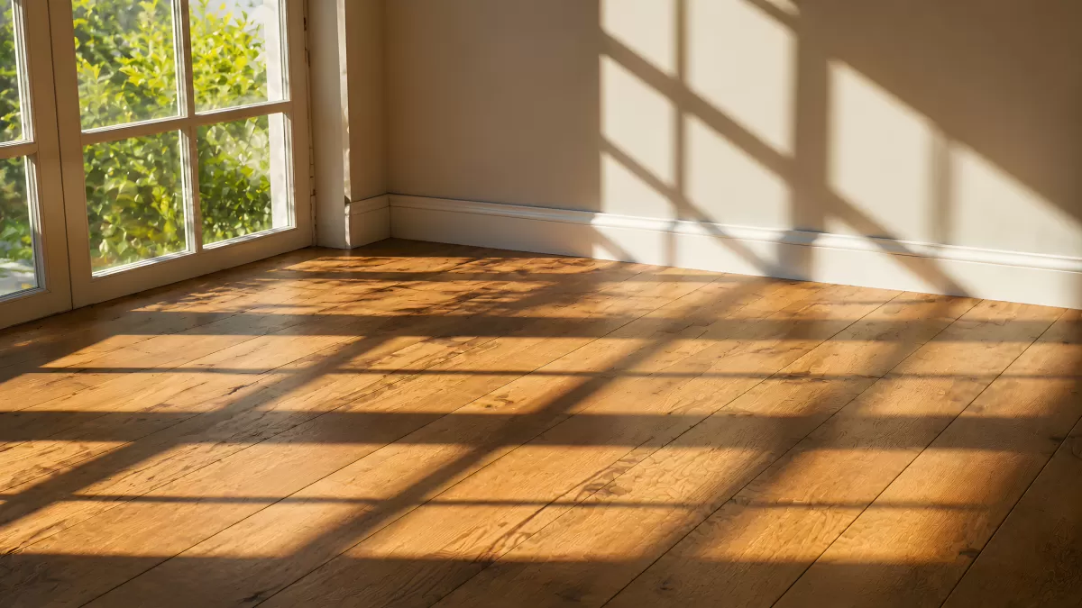 Sonnenlicht auf Holzboden in leerem hellen Zimmer