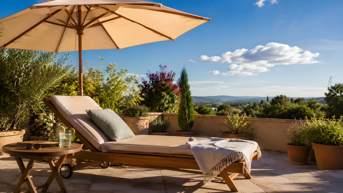 Sonnenliege mit Schirm auf mediterraner Terrasse