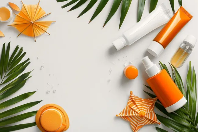 Sonnenpflege-Set mit tropischen Blättern auf weißem Grund