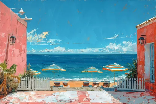 Sonnenschirme am Strand mit Meerblick