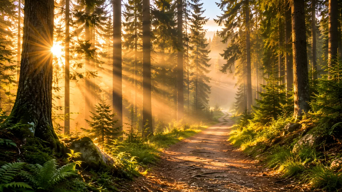 Sonnenstrahlen brechen durch Nadelwald auf Waldweg