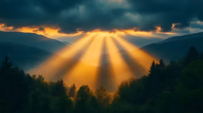 Sonnenstrahlen durchbrechen bedrohliche Wolken über Berglandschaft