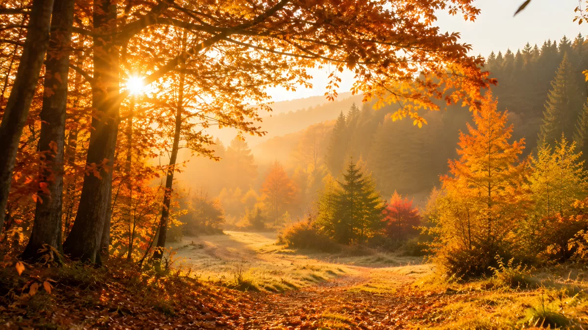 Sonnenstrahlen im goldenen Herbstwald mit Weg