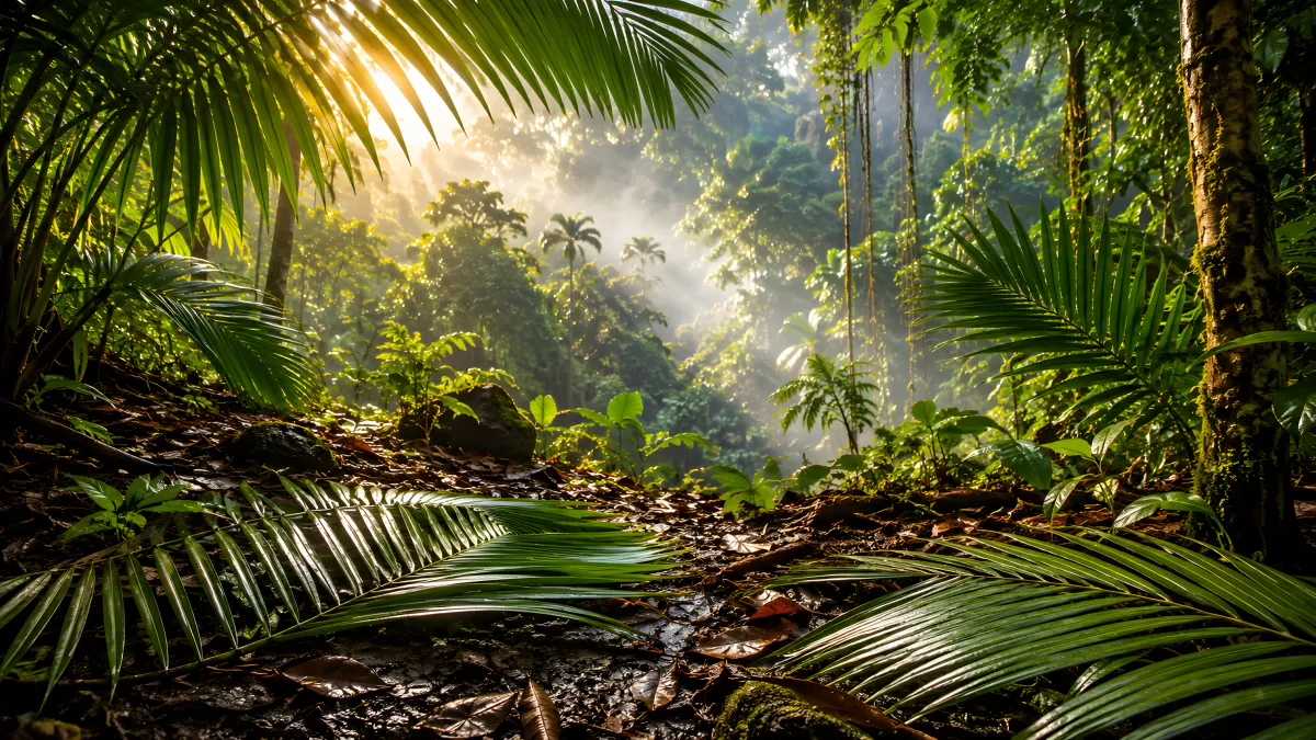 Sonnenstrahlen im tropischen Regenwald am Morgen