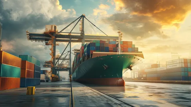 Sonnenuntergang am Containerhafen mit Frachtschiff