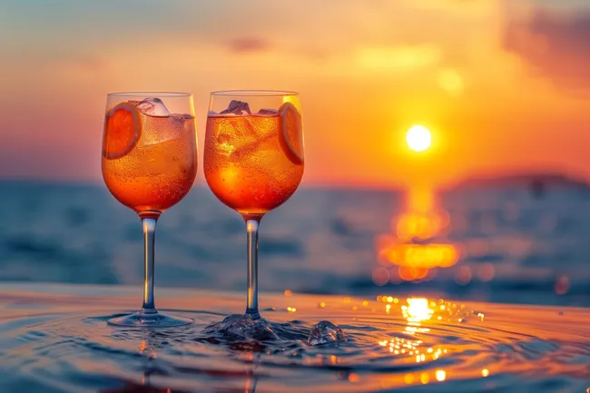Sonnenuntergang am Meer mit Aperol Spritz