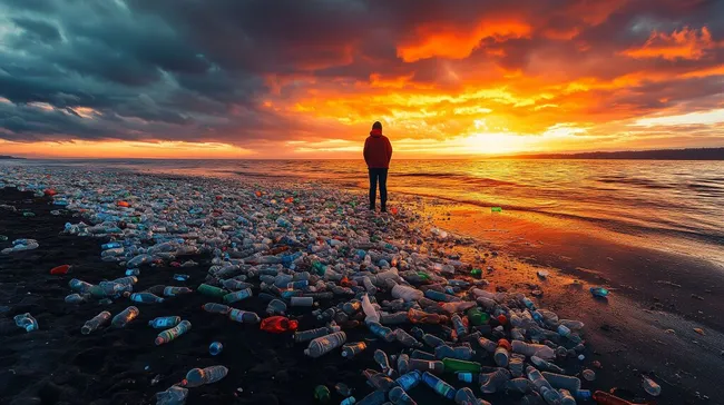 Sonnenuntergang am verseuchten Strand mit Plastikabfall