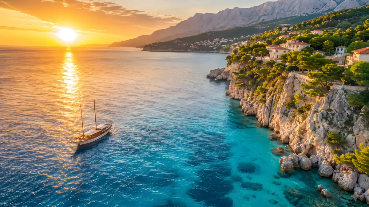 Sonnenuntergang an der Adriaküste mit Segelboot