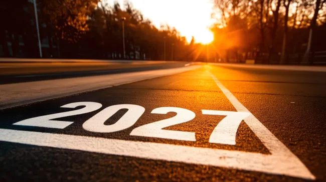 Sonnenuntergang auf Straße mit Jahreszahl 2027