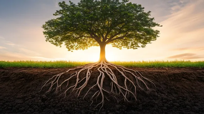 Sonnenuntergang beleuchtet mächtigen Baum mit tiefen Wurzeln