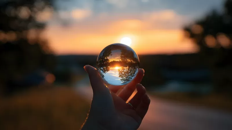 Sonnenuntergang durch Glaskugel in Hand gespiegelt