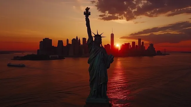 Sonnenuntergang über der Skyline von New York City mit Freiheitsstatue