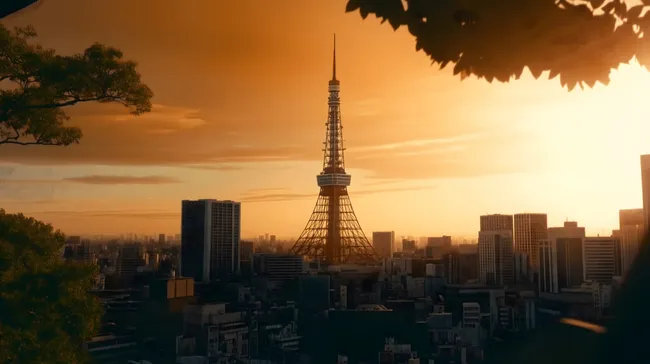 Sonnenuntergang über der Skyline von Tokio mit Aussichtsturm