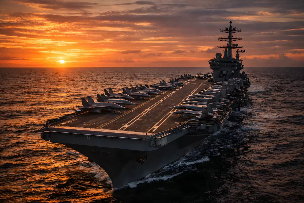 Sonnenuntergang über einem Flugzeugträger im offenen Meer